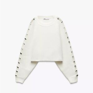 Zara Cream Cropped Sweatshirt with Silver Details